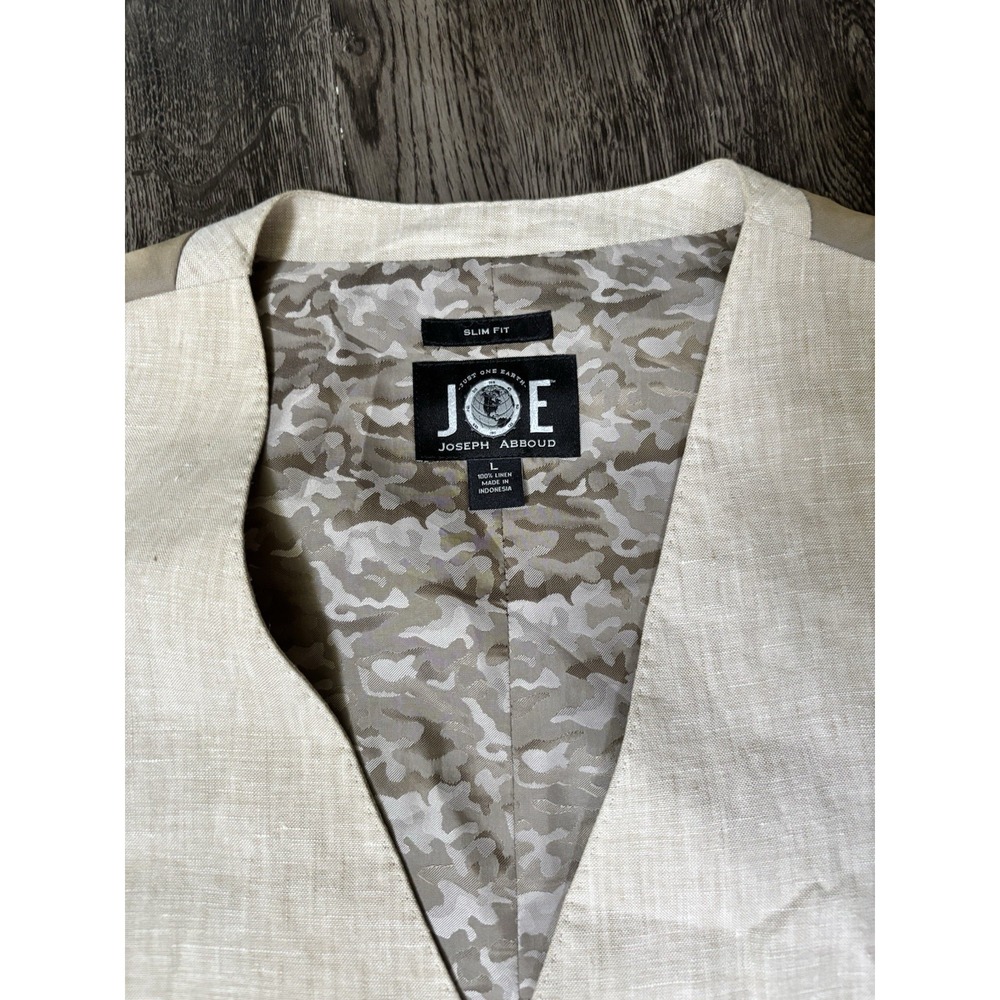 Joseph Abboud Mens Vest Tan Camo Lining Size L Back Pull Tab Button Down Linen - Picture 2 of 9